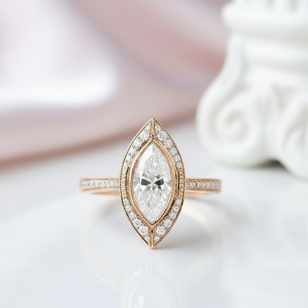 14k Rose Gold Marquise Cut Vintage Diamond Engagement Ring-Black Diamonds New York