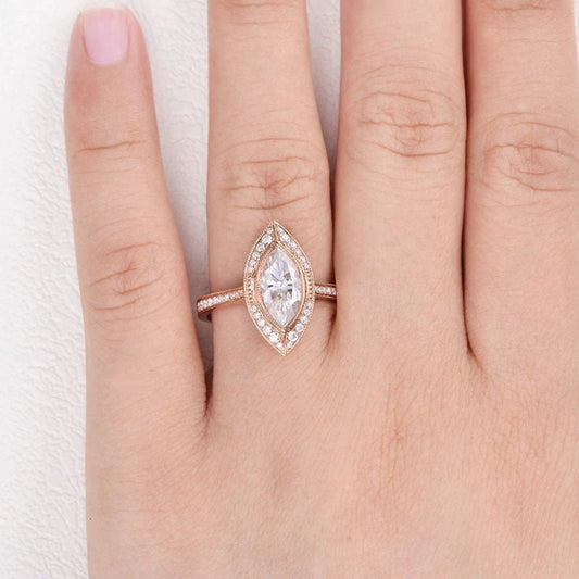 14K Rose Gold Marquise Cut Vintage Moissanite Engagement Ring - Black Diamonds New York