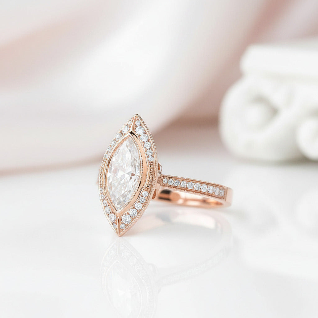 14k Rose Gold Marquise Cut Vintage Diamond Option Engagement Ring-Black Diamonds New York