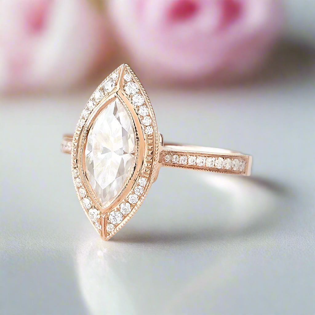 14k Rose Gold Marquise Cut Vintage Diamond Engagement Ring-Black Diamonds New York