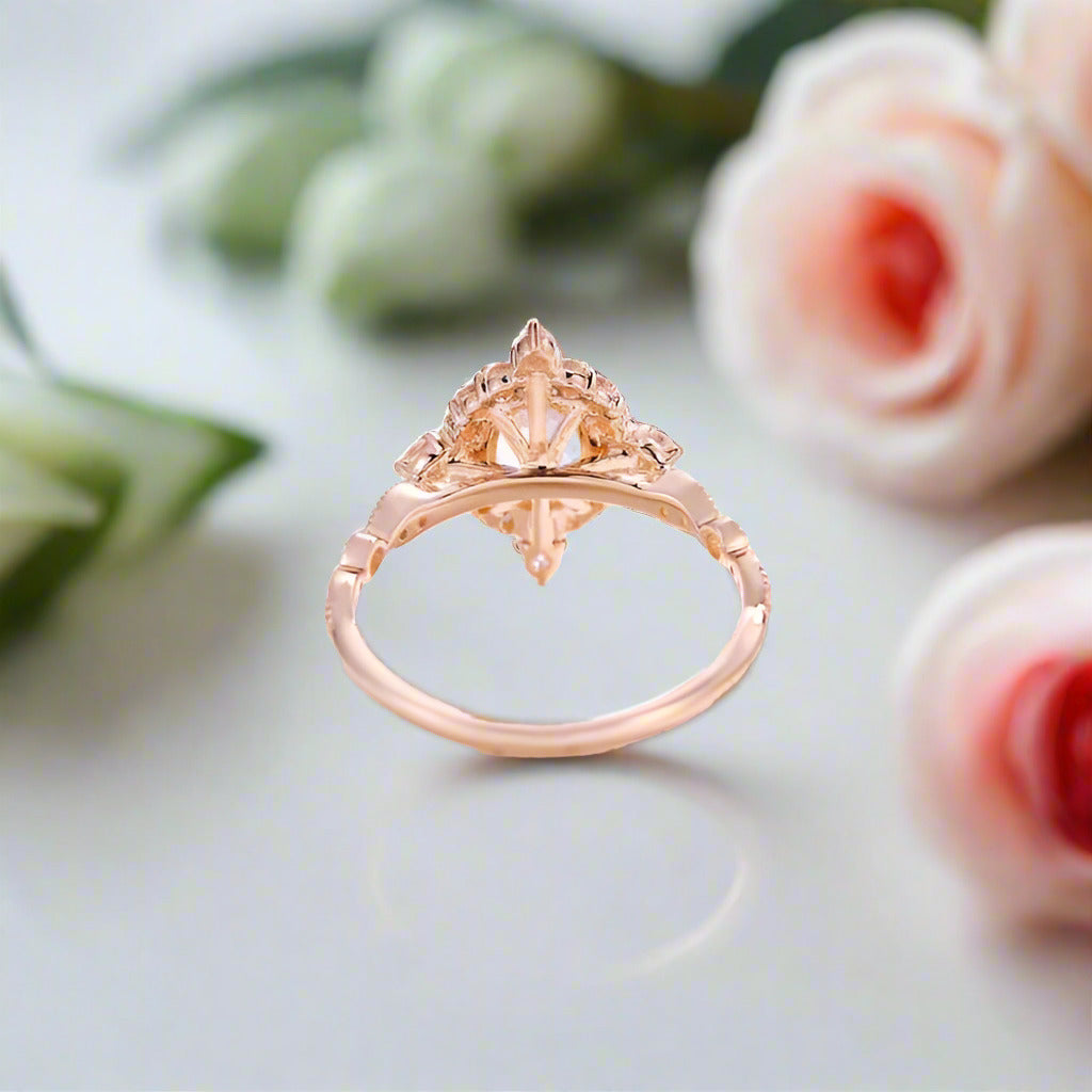 14K Rose Gold Moonstone and Diamond Halo Engagement Ring-Black Diamonds New York