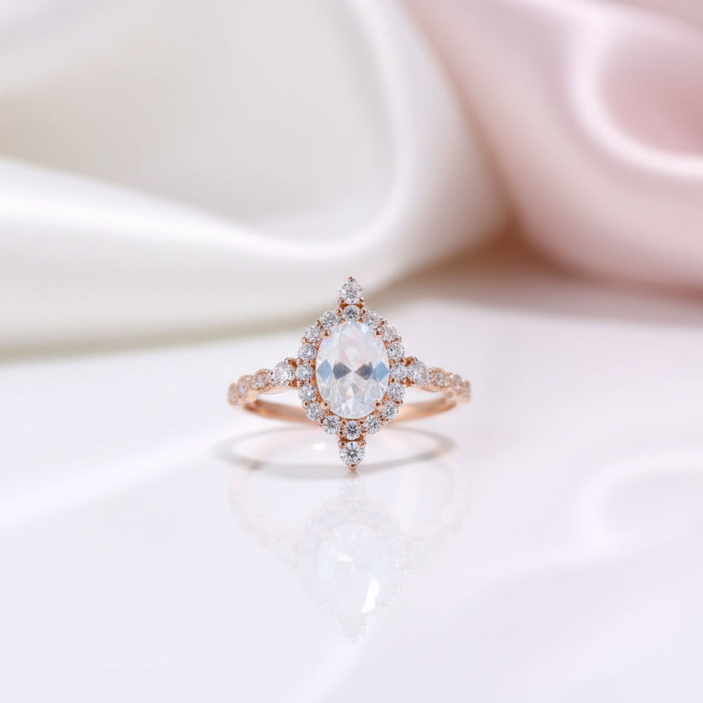 14K Rose Gold Moonstone and Diamond Option Halo Engagement Ring-Black Diamonds New York