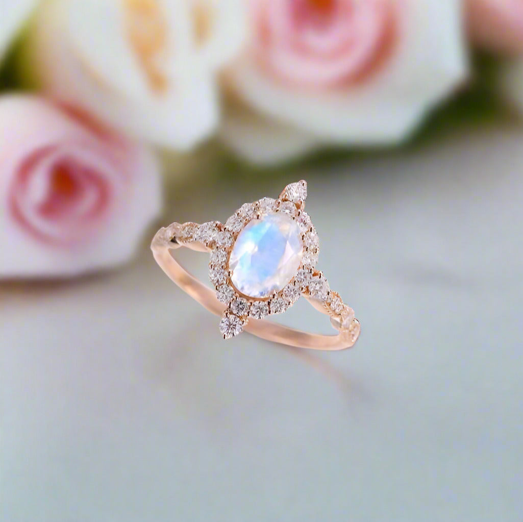 14K Rose Gold Moonstone and Diamond Halo Engagement Ring-Black Diamonds New York