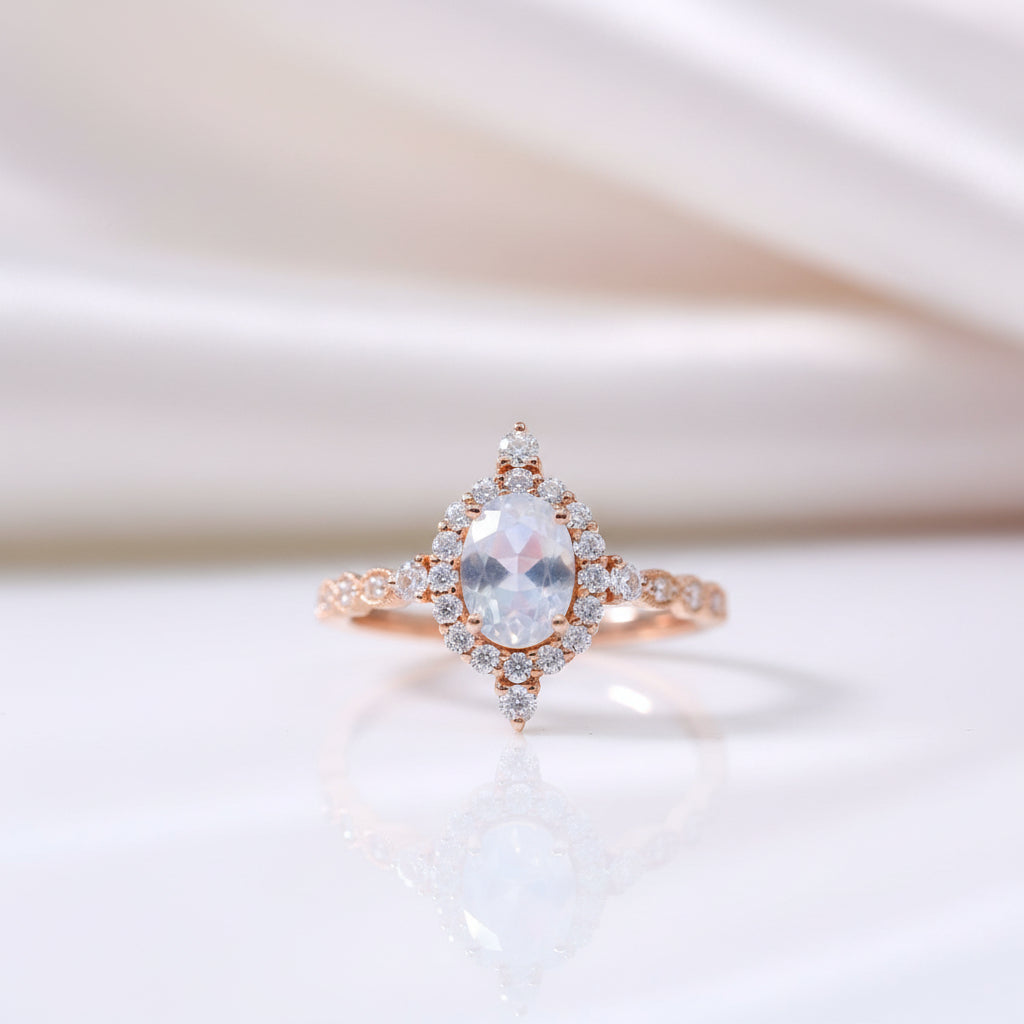 14K Rose Gold Moonstone and Diamond Option Halo Engagement Ring-Black Diamonds New York