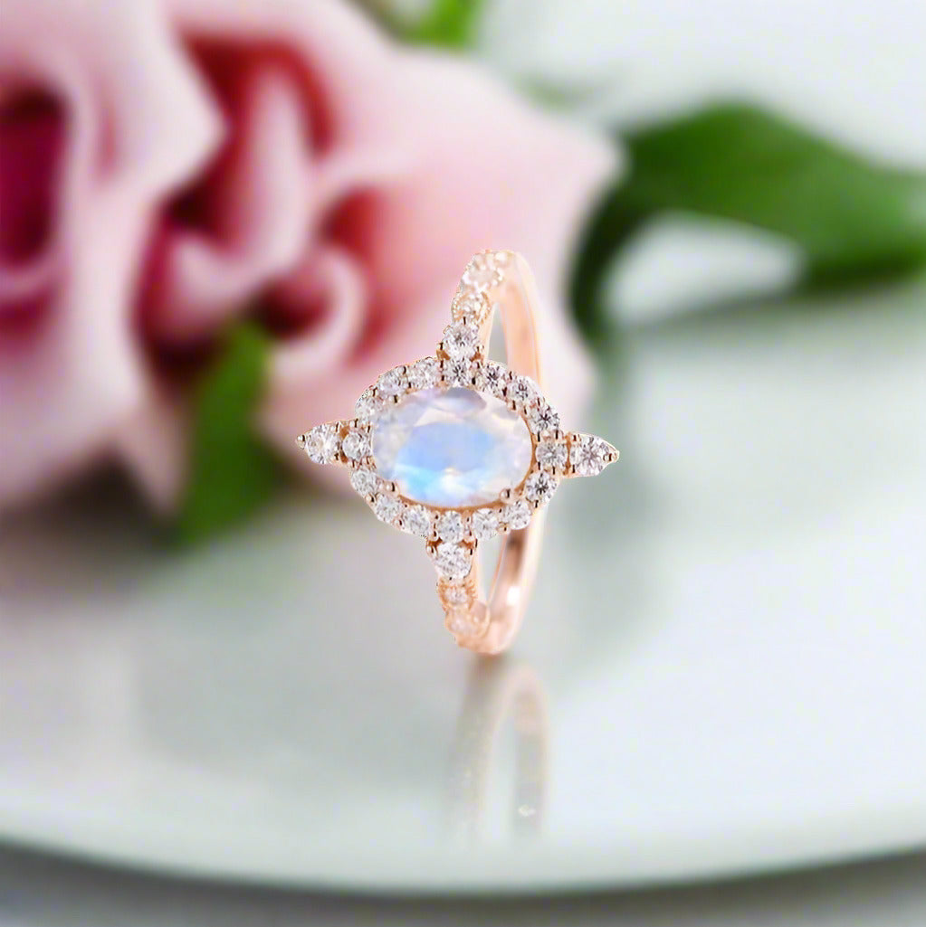 14K Rose Gold Moonstone and Diamond Halo Engagement Ring-Black Diamonds New York
