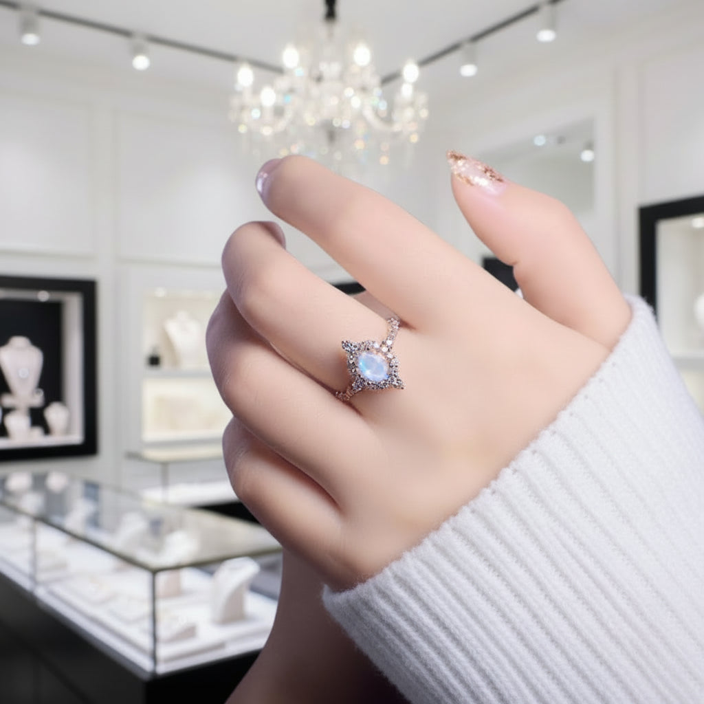 14K Rose Gold Moonstone and Diamond Option Halo Engagement Ring-Black Diamonds New York
