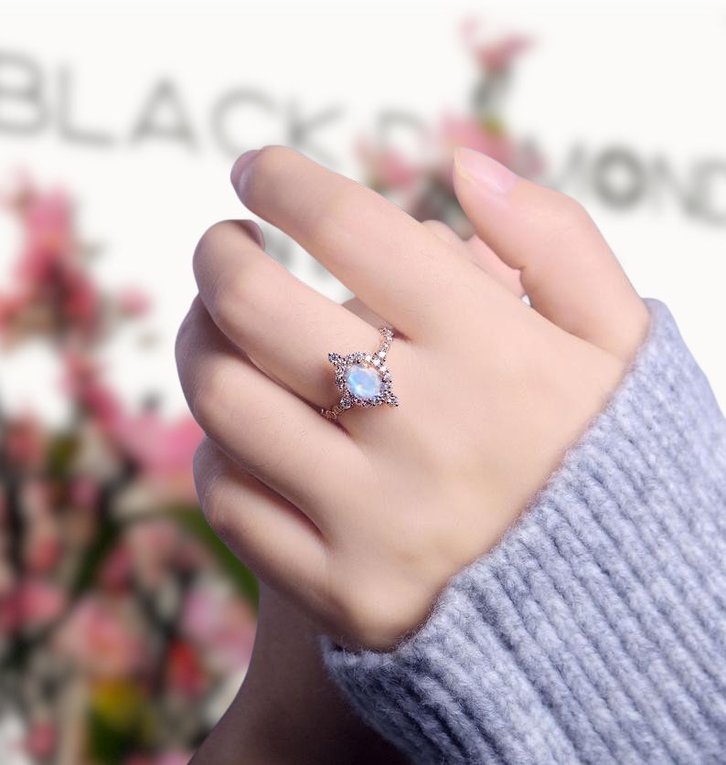 14K Rose Gold Moonstone and Moissanite Halo Engagement Ring-Black Diamonds New York