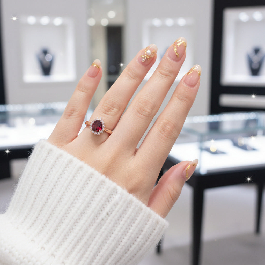 14k Rose Gold Pear Cut Garnet Diamond Option Halo Engagement Ring-Black Diamonds New York