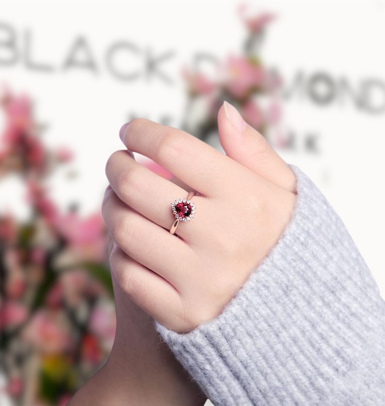 14K Rose Gold Pear Cut Garnet Moissanite Halo Engagement Ring - Black Diamonds New York