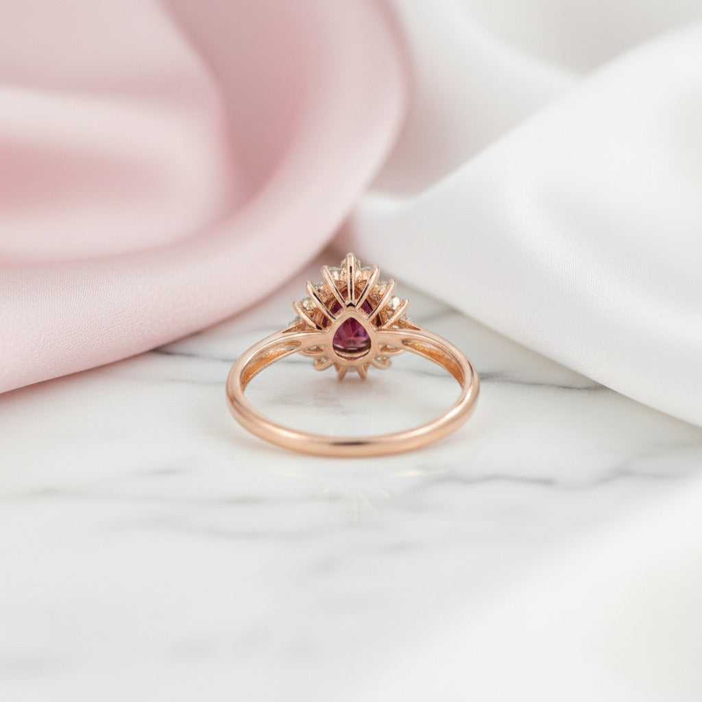 14k Rose Gold Pear Cut Garnet Diamond Option Halo Engagement Ring-Black Diamonds New York