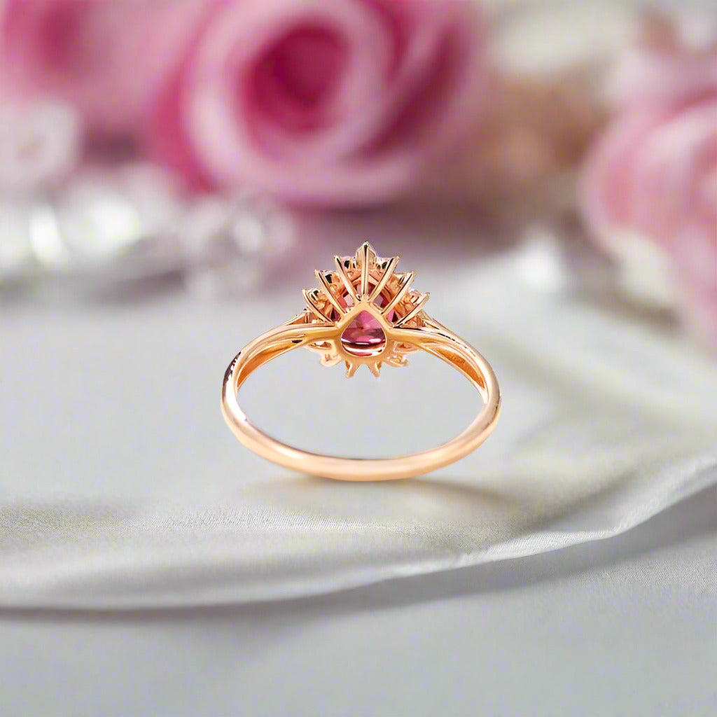 14k Rose Gold Pear Cut Garnet Diamond Halo Engagement Ring-Black Diamonds New York