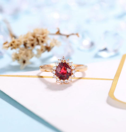 14K Rose Gold Pear Cut Garnet Moissanite Halo Engagement Ring-Black Diamonds New York