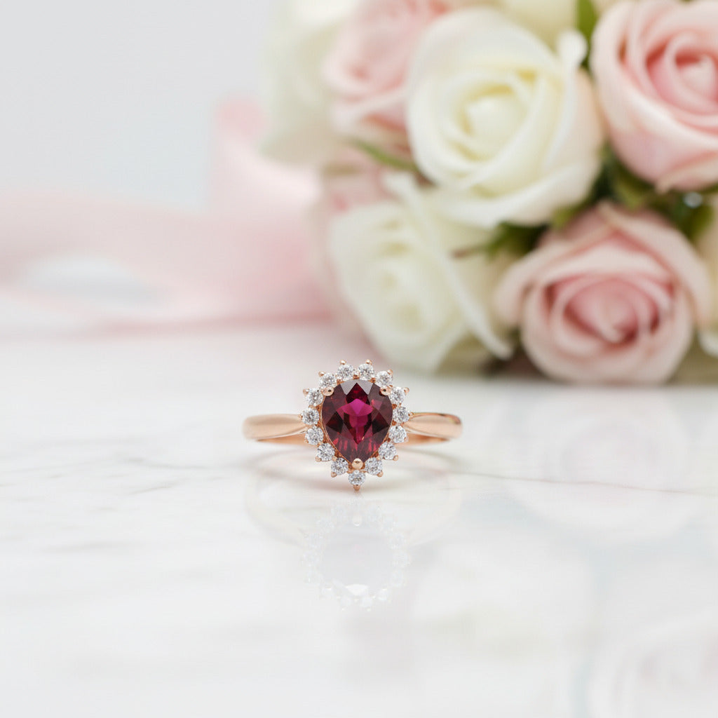 14k Rose Gold Pear Cut Garnet Diamond Option Halo Engagement Ring-Black Diamonds New York