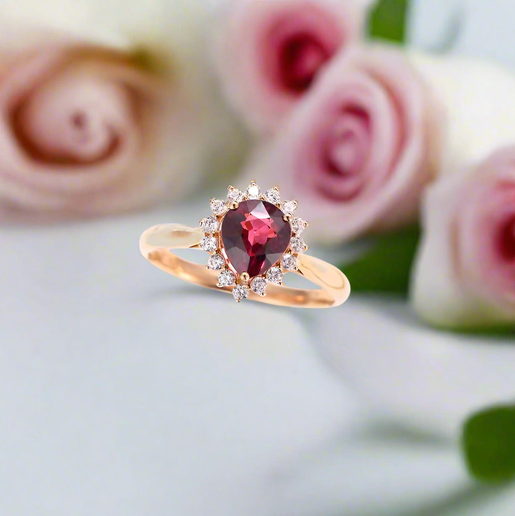 14k Rose Gold Pear Cut Garnet Diamond Halo Engagement Ring-Black Diamonds New York
