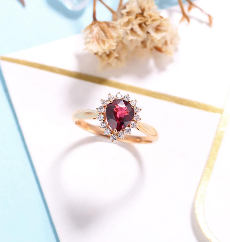 14K Rose Gold Pear Cut Garnet Moissanite Halo Engagement Ring - Black Diamonds New York