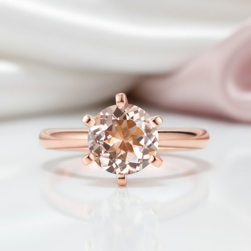 14k Rose Gold Solitaire Ring 1.2 Ct Peach Morganite 6 Claws-Black Diamonds New York