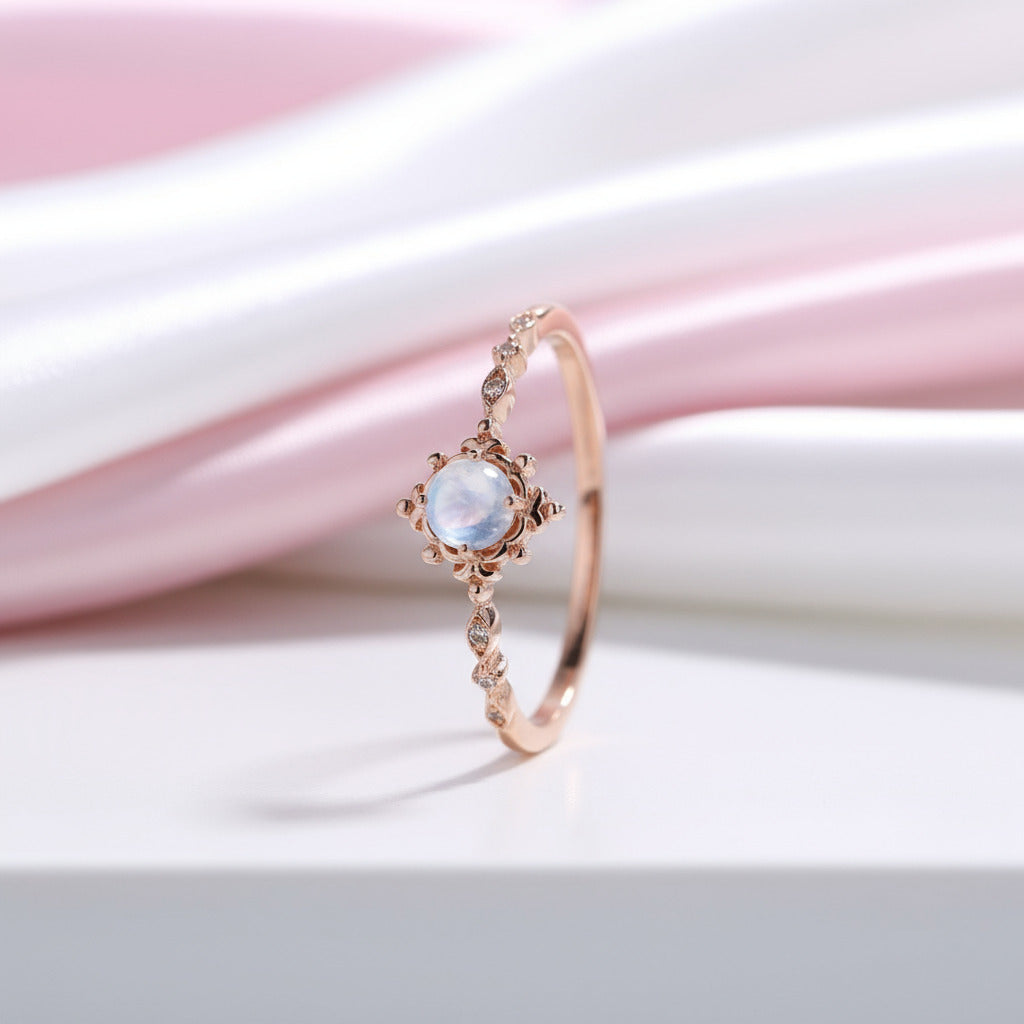 14k Rose Gold Vintage Moonstone Diamond Ring-Black Diamonds New York
