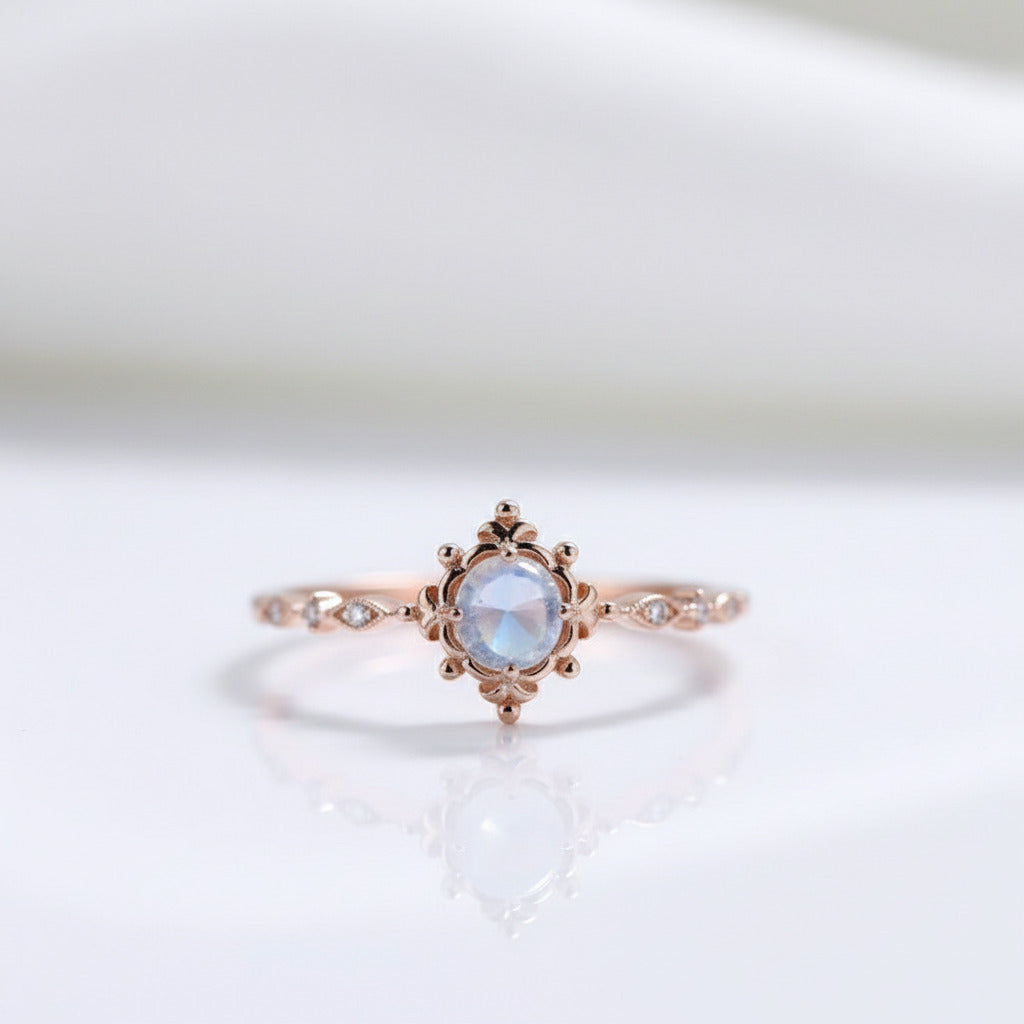 14k Rose Gold Vintage Moonstone Diamond Option Ring-Black Diamonds New York