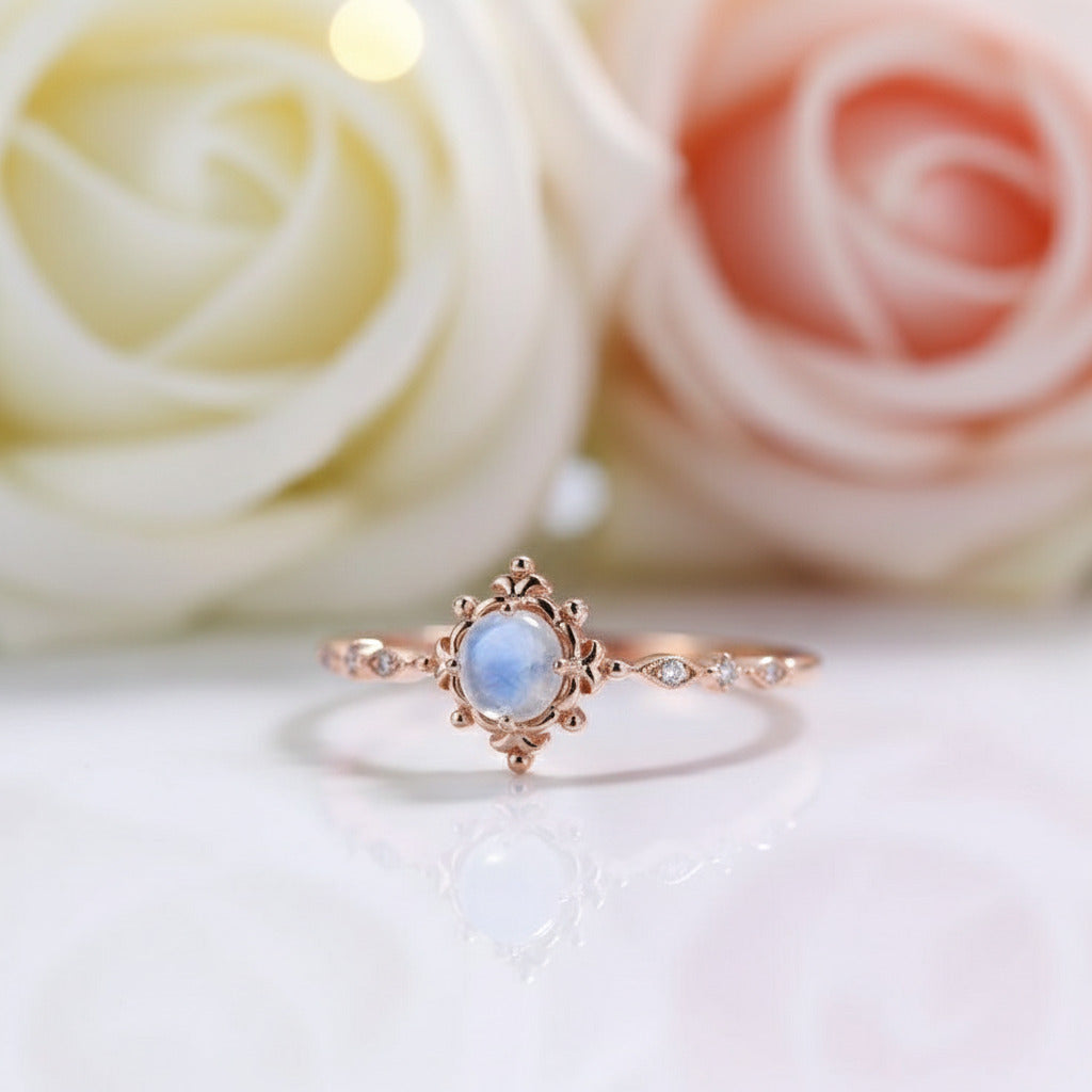 14k Rose Gold Vintage Moonstone Diamond Ring-Black Diamonds New York