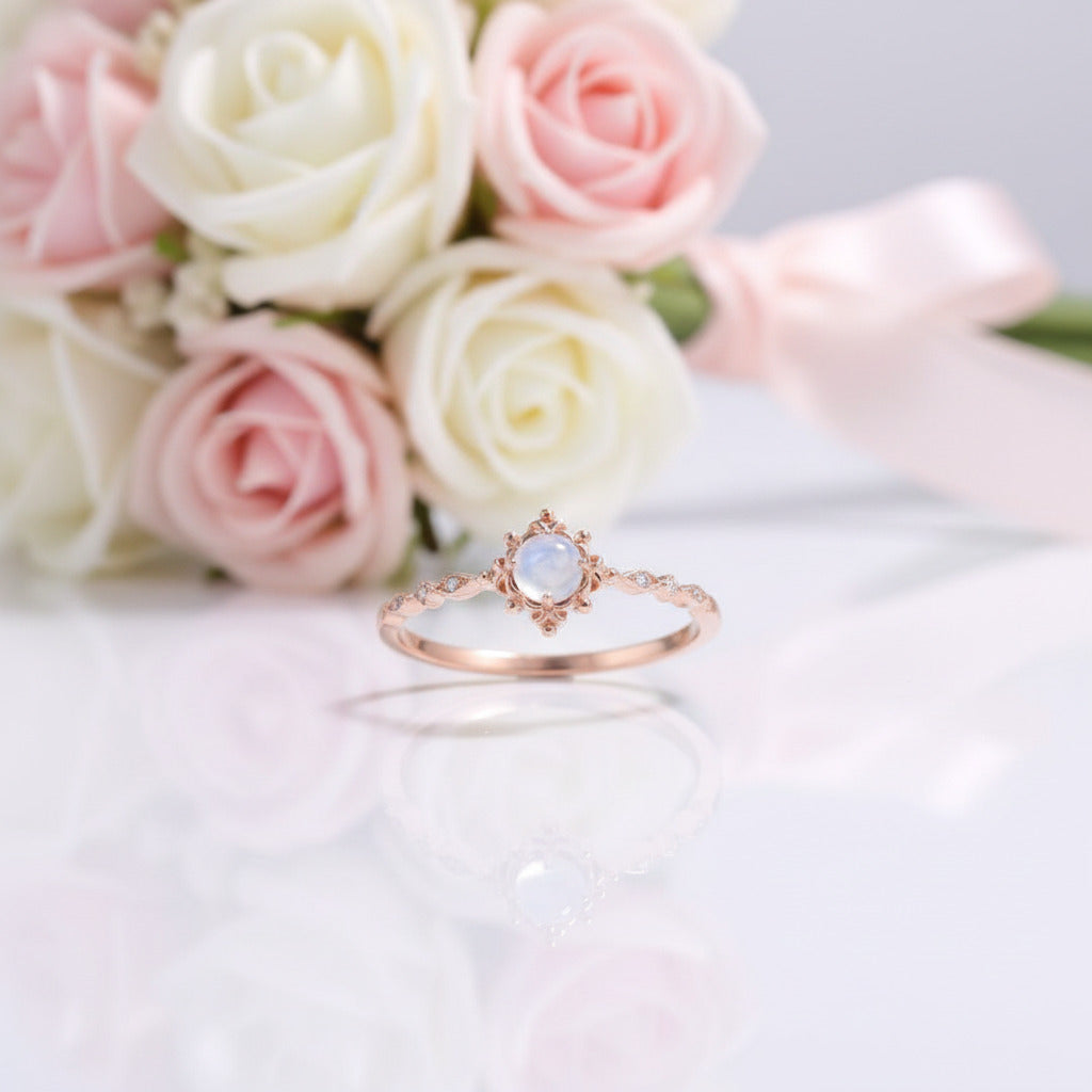 14k Rose Gold Vintage Moonstone Diamond Option Ring-Black Diamonds New York