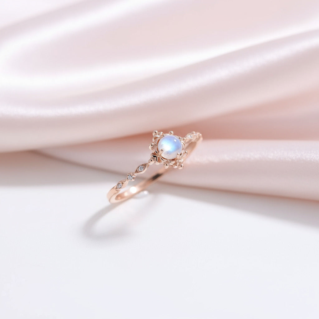 14k Rose Gold Vintage Moonstone Diamond Ring-Black Diamonds New York