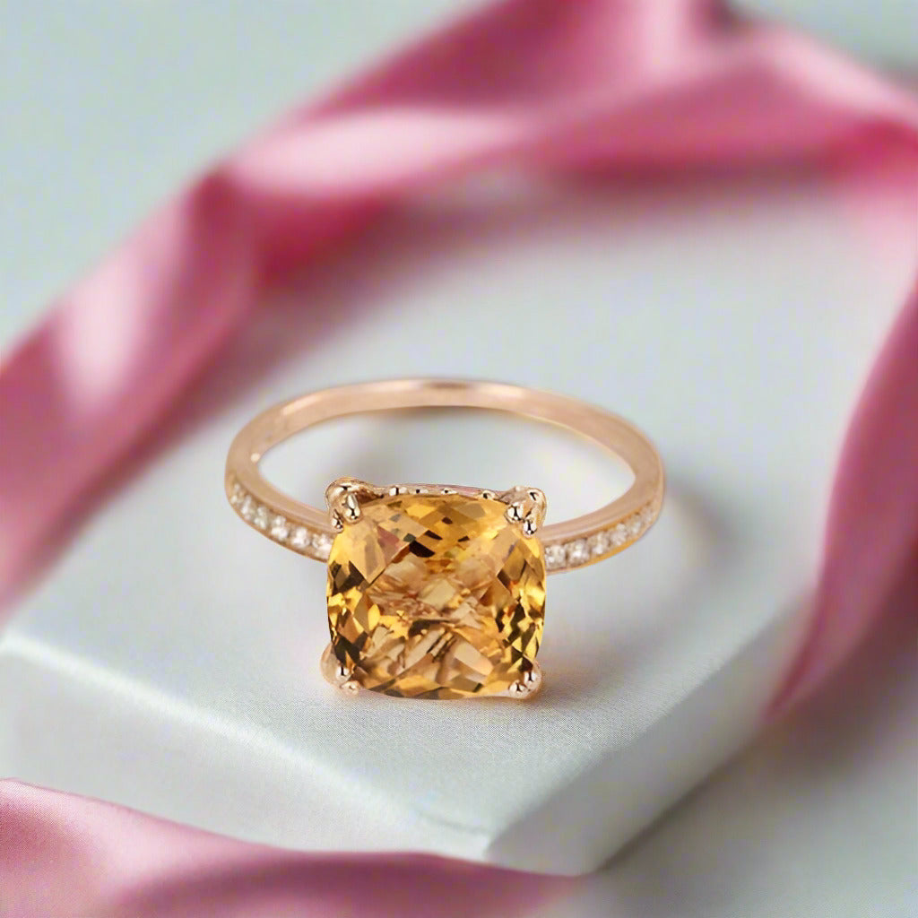 14K Rose Gold Yellow 3.6 Ct Cushion Citrine Natural Diamond-Black Diamonds New York