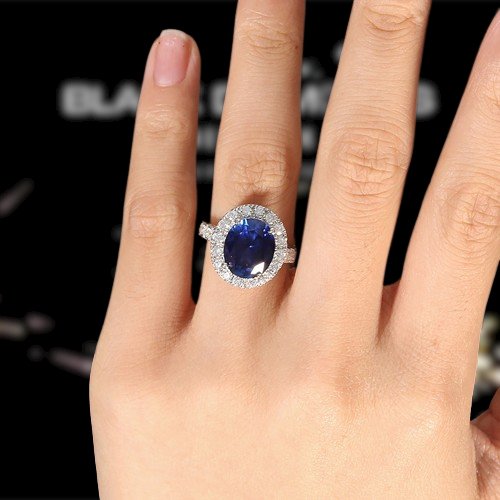 14k Solid White Gold 5.0ct Oval Sapphire Diamond Engagement Ring-Black Diamonds New York