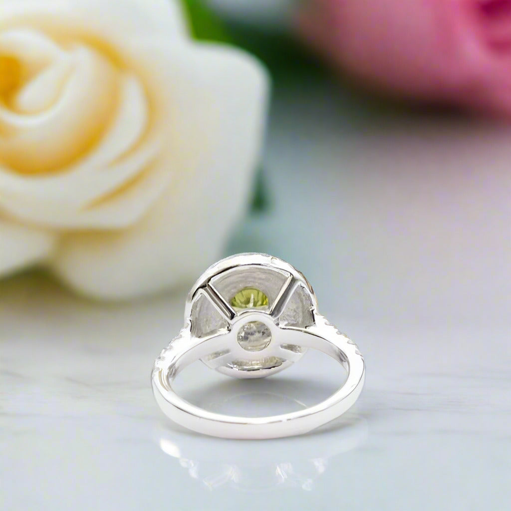 14k Two Tone Gold Peridot Three Halo Engagement Ring-Black Diamonds New York