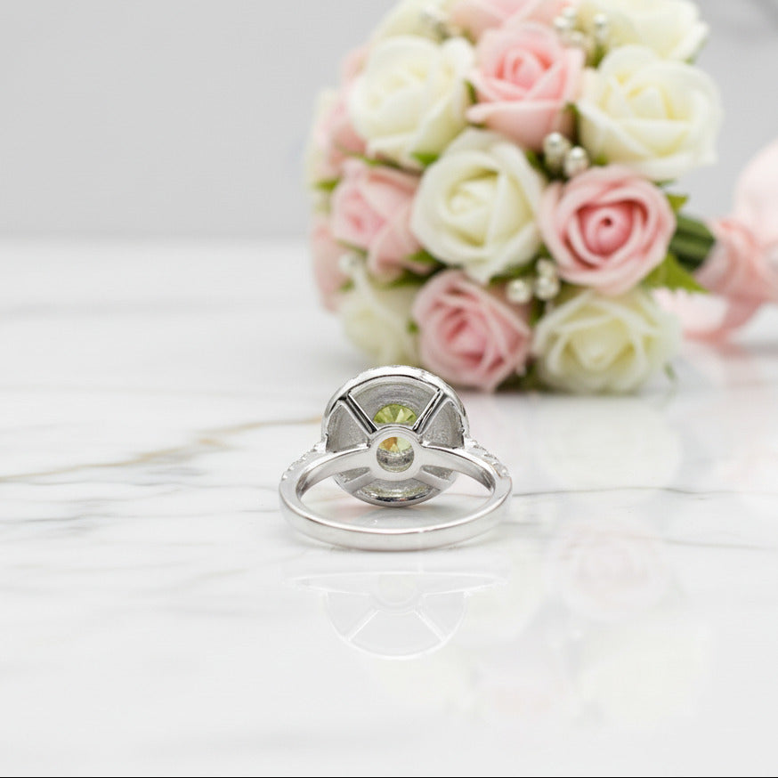 14k Two Tone Gold Peridot Three Halo Engagement Ring-Black Diamonds New York