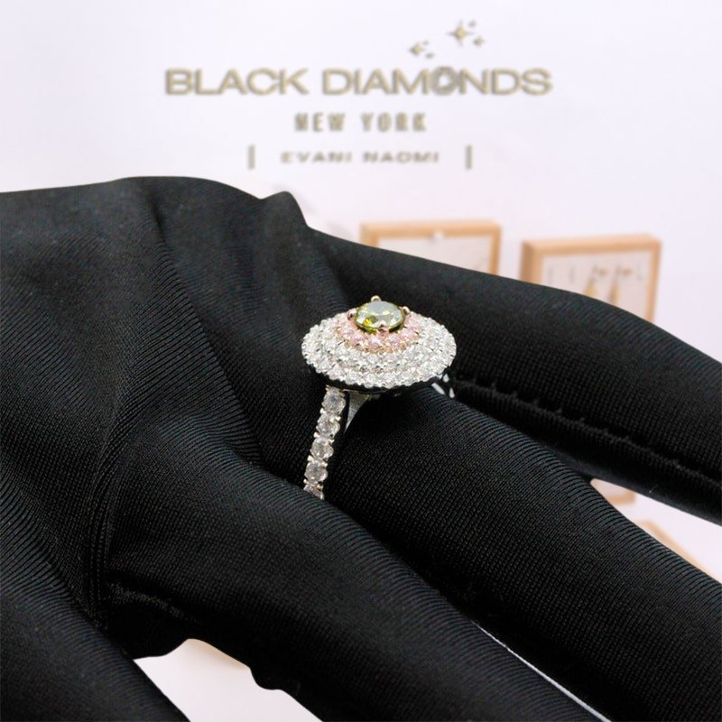 14K Two Tone Gold 4.5mm Natural Peridot Three Halo Engagement Ring - Black Diamonds New York