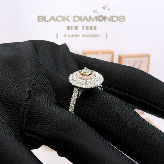 14K Two Tone Gold 4.5mm Natural Peridot Three Halo Engagement Ring-Black Diamonds New York