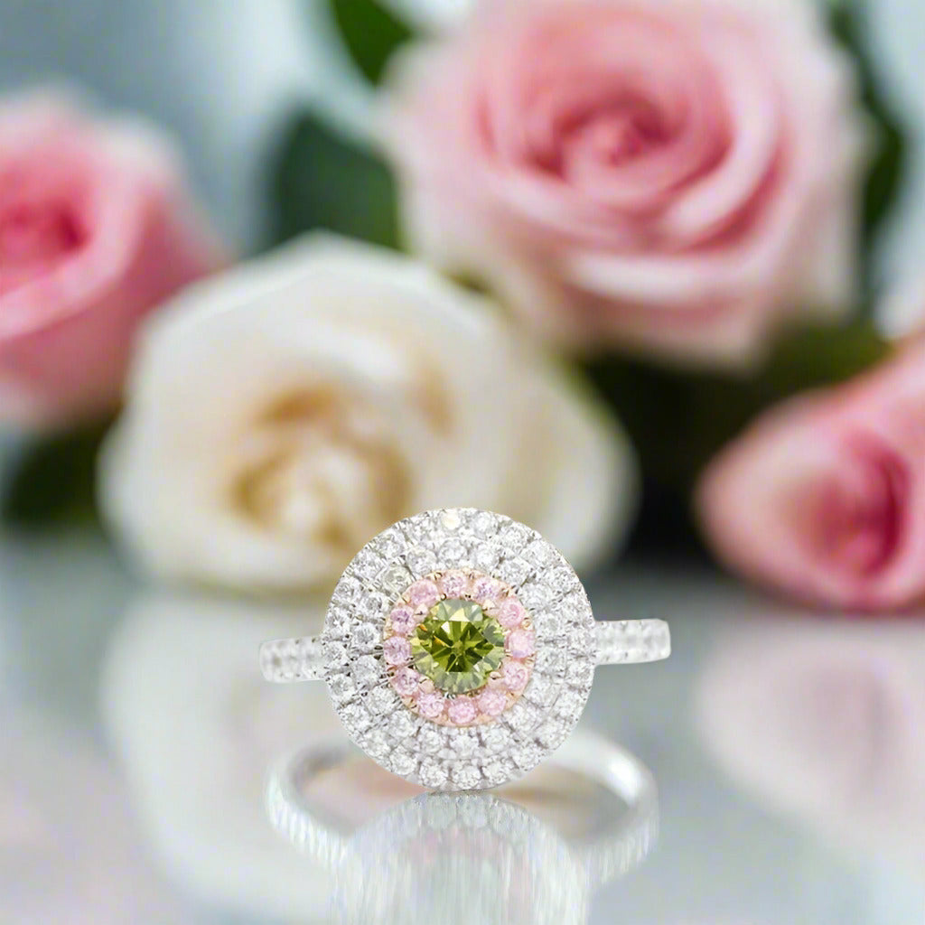 14k Two Tone Gold Peridot Three Halo Engagement Ring-Black Diamonds New York