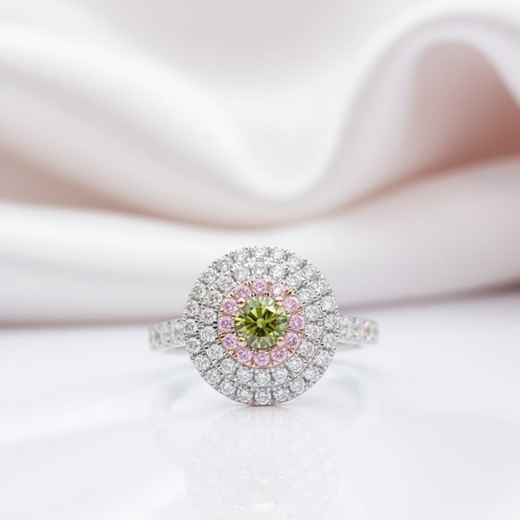 14k Two Tone Gold Peridot Three Halo Engagement Ring-Black Diamonds New York