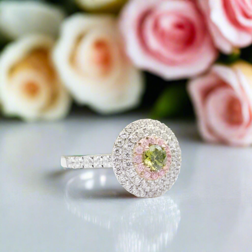 14k Two Tone Gold Peridot Three Halo Engagement Ring-Black Diamonds New York