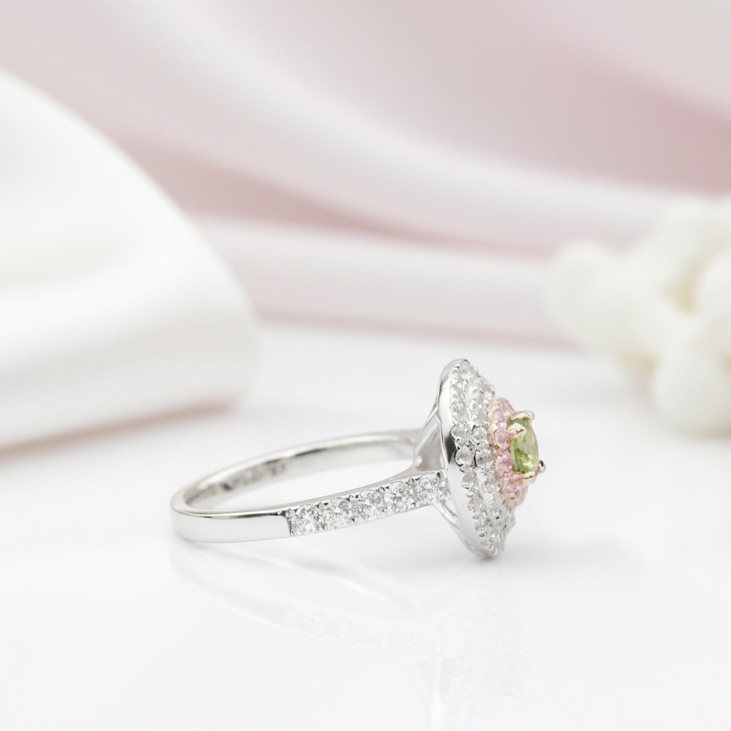 14k Two Tone Gold Peridot Three Halo Engagement Ring-Black Diamonds New York
