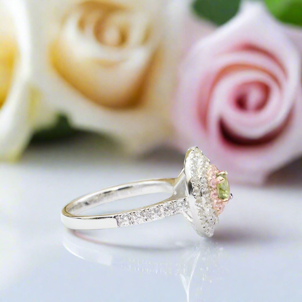 14k Two Tone Gold Peridot Three Halo Engagement Ring-Black Diamonds New York
