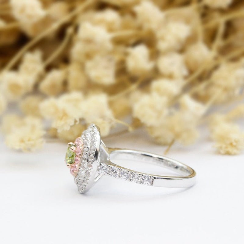 14K Two Tone Gold 4.5mm Natural Peridot Three Halo Engagement Ring-Black Diamonds New York