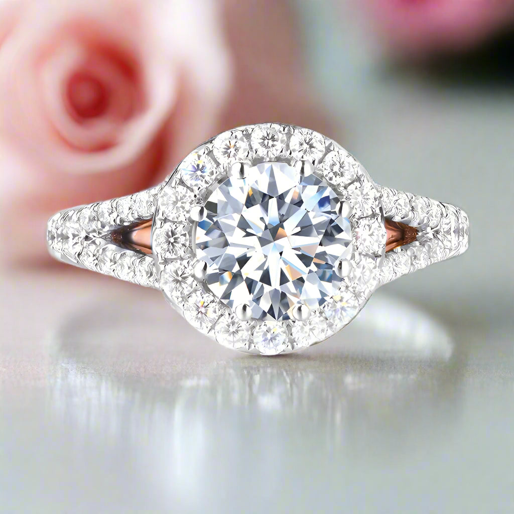 14k Two Tone Gold Center 1.2ct 7mm Diamond Halo Engagement Ring-Black Diamonds New York