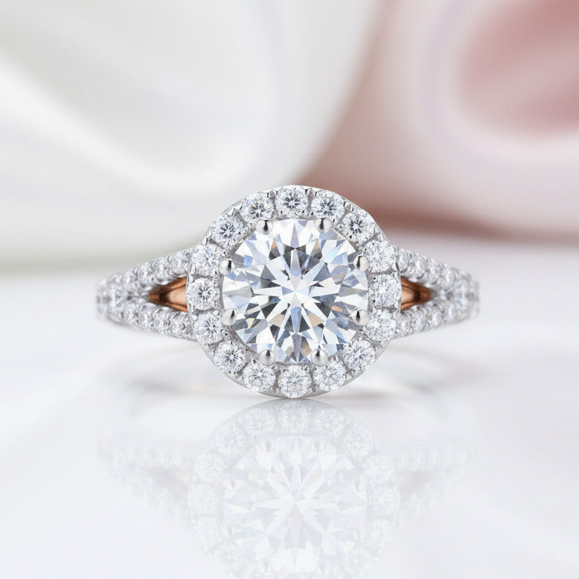 14k Two Tone Gold Center 1.2ct 7mm Diamond Option Halo Engagement Ring-Black Diamonds New York