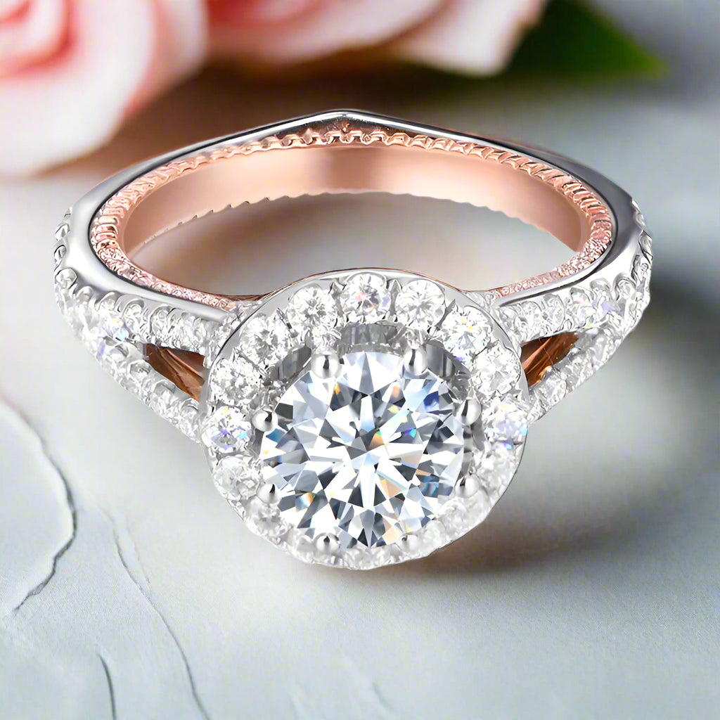 14k Two Tone Gold Center 1.2ct 7mm Diamond Halo Engagement Ring-Black Diamonds New York