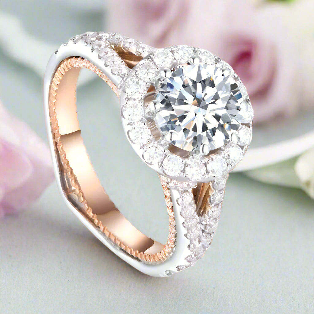 14k Two Tone Gold Center 1.2ct 7mm Diamond Halo Engagement Ring-Black Diamonds New York