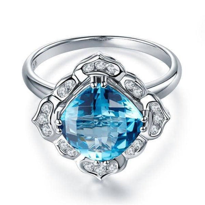 14K White 3ct Swiss Blue Topaz Natural Diamond Ring-Black Diamonds New York
