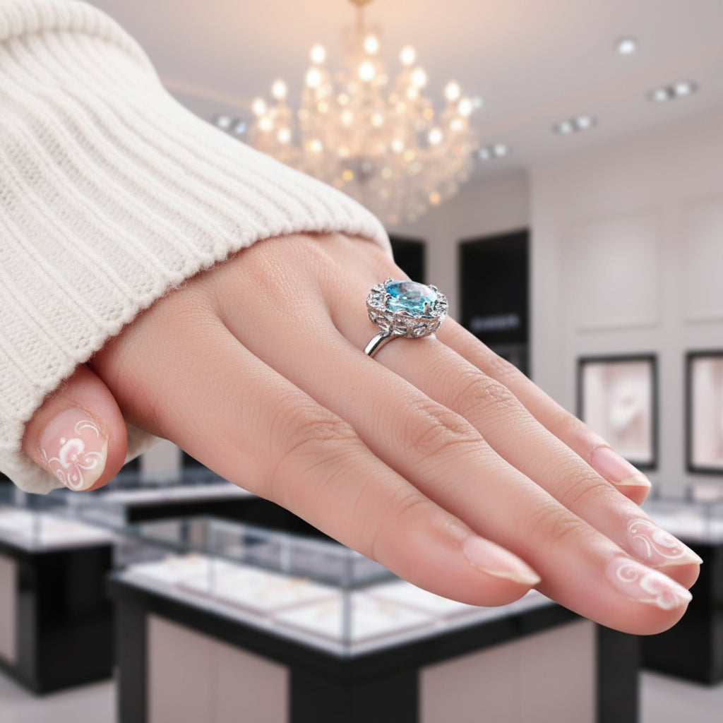 14k White 3ct Swiss Blue Topaz Diamond Option Ring-Black Diamonds New York