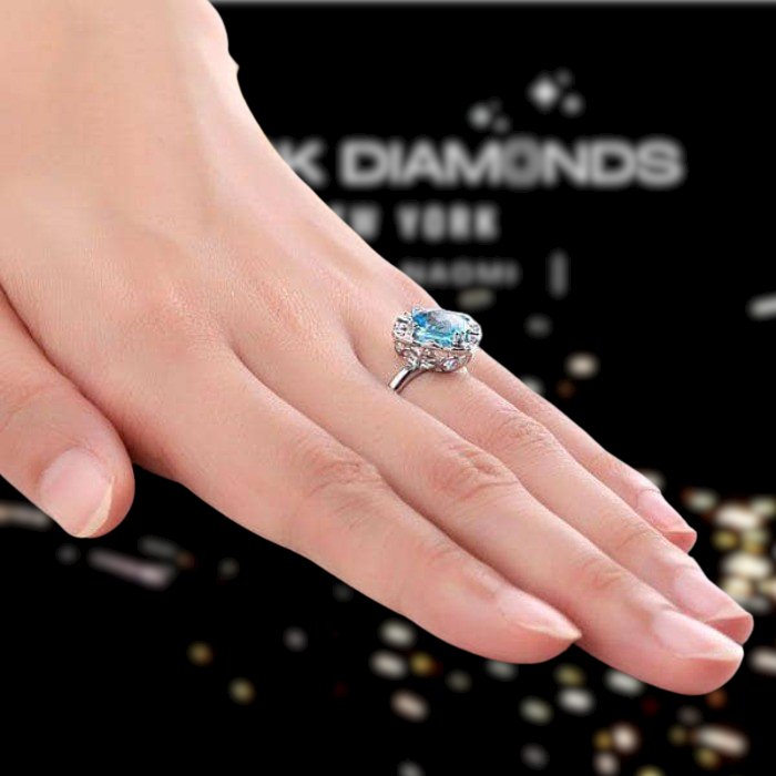 14K White 3ct Swiss Blue Topaz Natural Diamond Ring-Black Diamonds New York