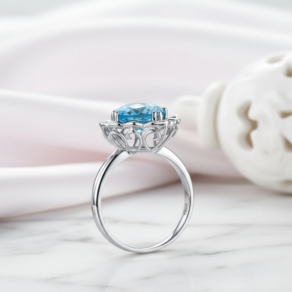 14k White 3ct Swiss Blue Topaz Diamond Option Ring-Black Diamonds New York