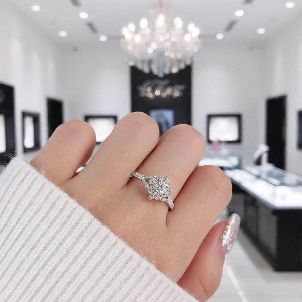 14K White Gold 0.3ct 4mm Diamond Snow Flake Engagement Ring-Black Diamonds New York