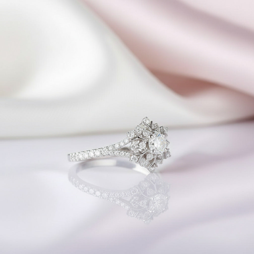 14K White Gold 0.3ct 4mm Diamond Snow Flake Engagement Ring-Black Diamonds New York