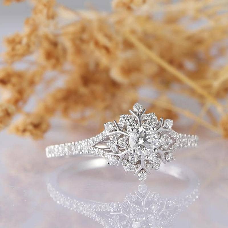 14K White Gold 0.3ct 4mm Moissanite Snow Flake Engagement Ring-Black Diamonds New York