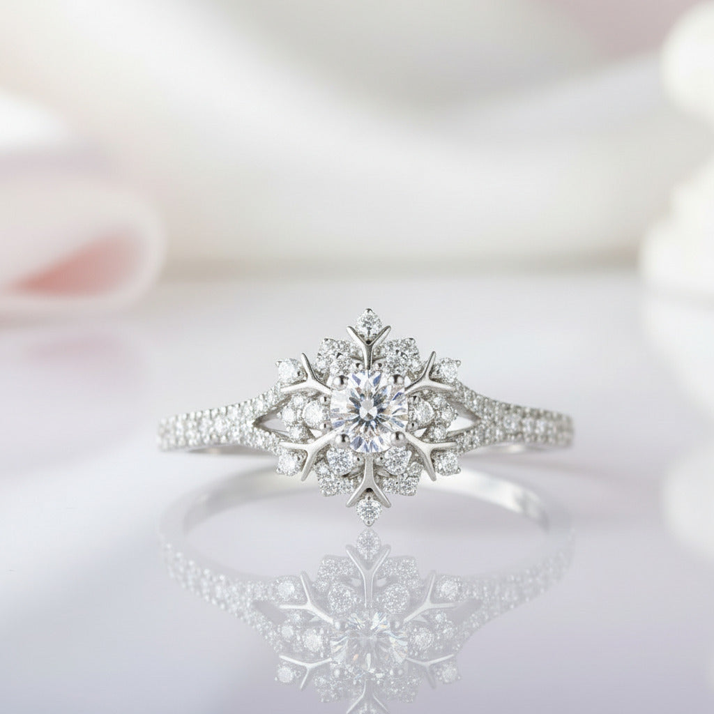14K White Gold 0.3ct 4mm Diamond Snow Flake Engagement Ring-Black Diamonds New York