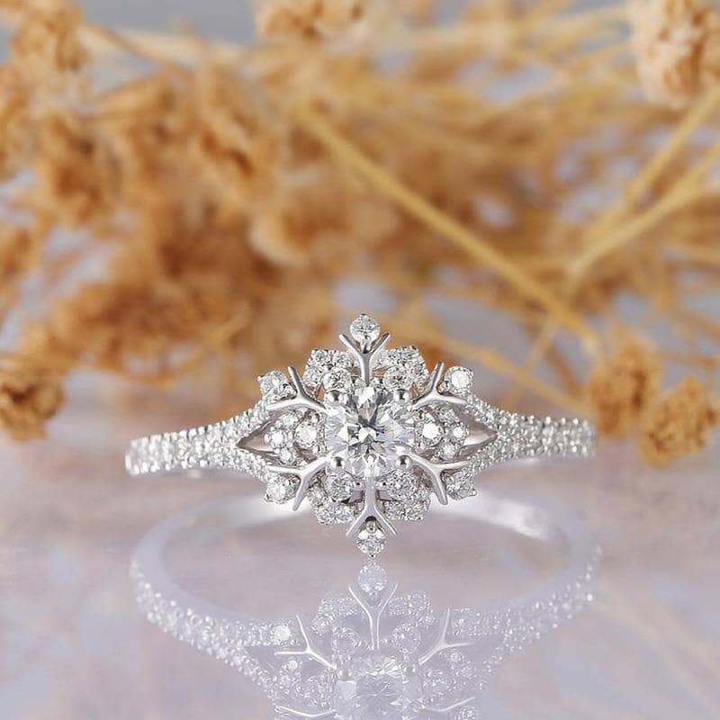 14K White Gold 0.3ct 4mm Moissanite Snow Flake Engagement Ring-Black Diamonds New York